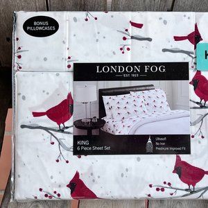6-pc London Fog KING SIZE Sheet Set - HOLIDAY CARDINAL - 2 EXTRA PILLOWCASES